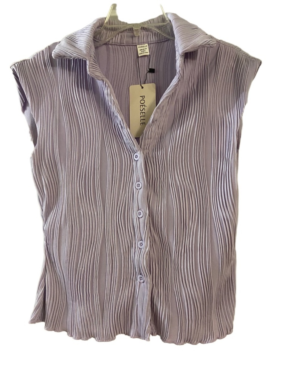 Poeselle Lavender Pleated Cap-Sleeve Button-Front Blouse
